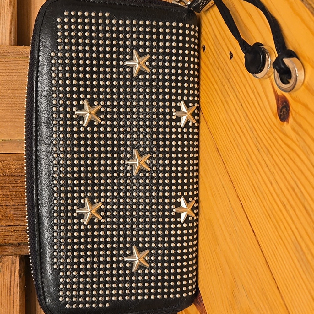 SALE!! JIMMY CHOO Black Leather Zippy Wallet W/ Silver Stars & Studs